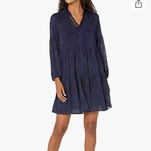 Taylor Long Sleeve V-Neck Tie Floral Jacquard Chiffon Short Trapeze Dress